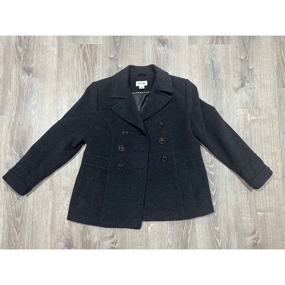 St Johns Bay Womens Charcoal Gray Wool Blend Pea Coat Large Double Breasted